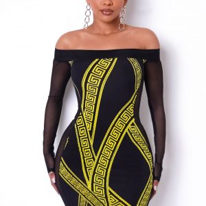 Mirna Mini Dress - Black with Yellow curved bars crossing over each other.