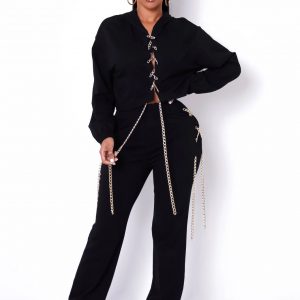 Won't Apologize Two Piece Pant Set - Black jogger with gold chains